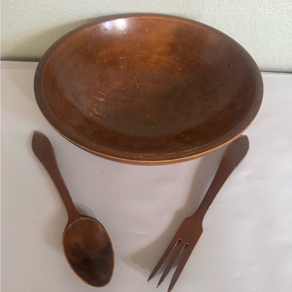 Vintage Woodcrofty Wooden Dining Set - Bowl, Spoon, and Fork